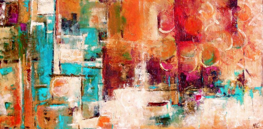 Contemporary Paintings Pakistan with colorful abstract canvas art in vibrant orange, turquoise, pink, and beige tones